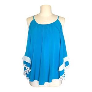 Vava by Joy Han Blue Cold Shoulder Top Pom Pom Trim Blouse Women's Size Small